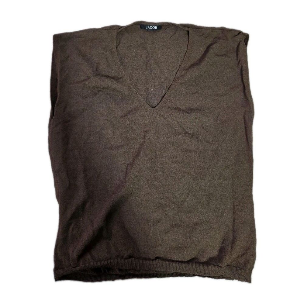 JACOB Brown Knit V Neck Short Sleeve Sweater Top Minimalist Womens Sz M EUC
